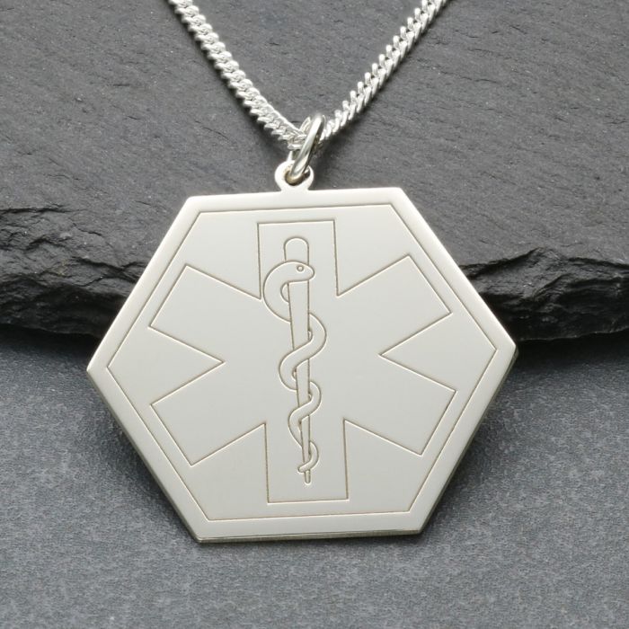 Sterling Silver Medic Aware Hexagon Pendant & Optional Chain